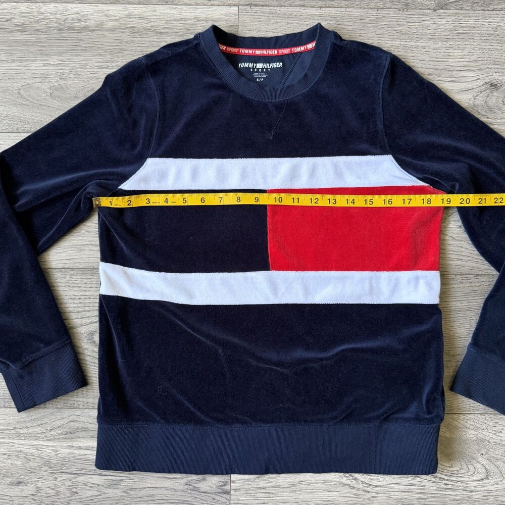 Tommy Hilfiger Sport Navy Velour Flag Graphic Sweatshirt - Size Small - Picture 2 of 7
